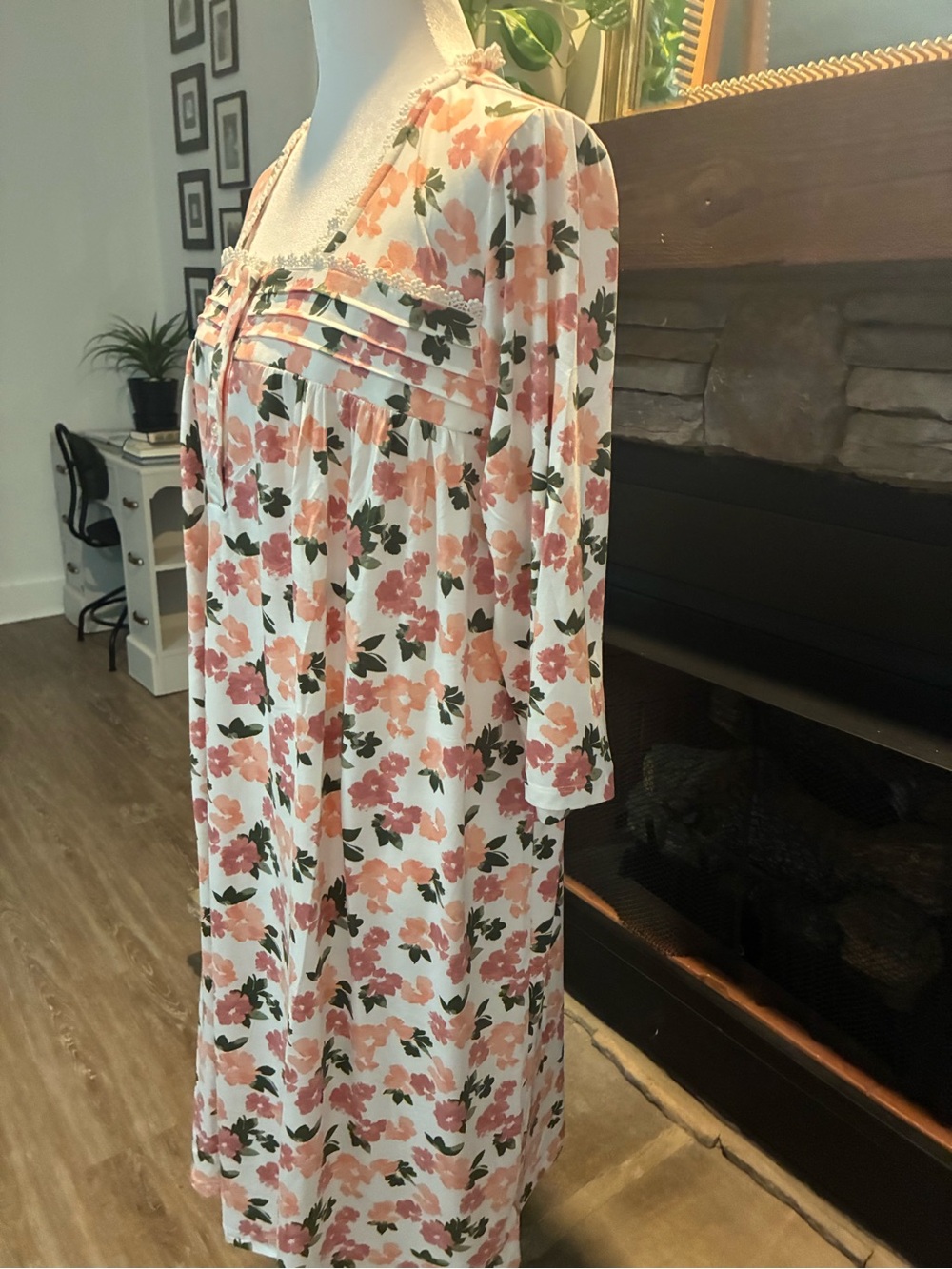 National Floral Lace-Trim Nightgown in Pink & Green - Picture 3 of 5
